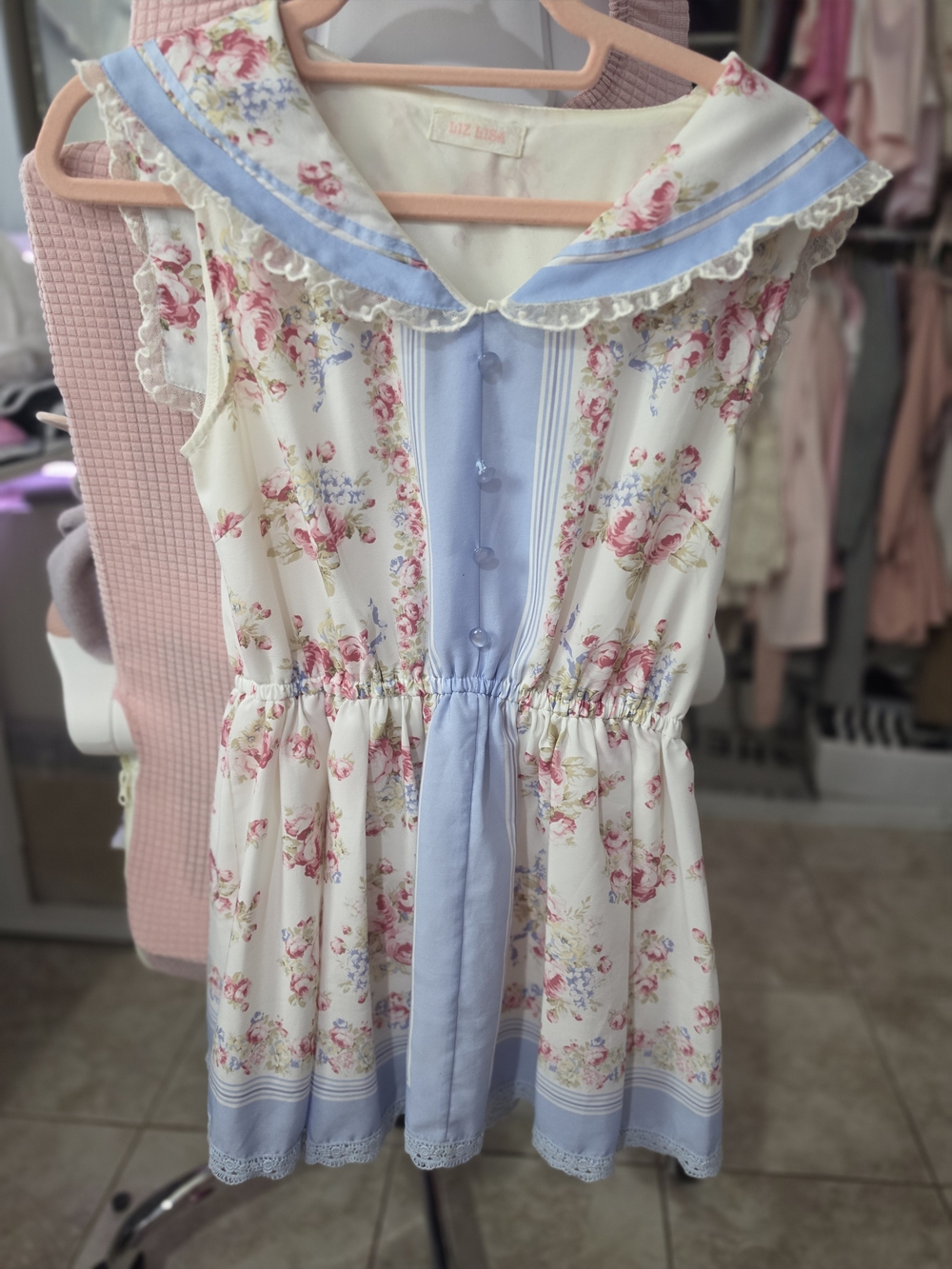LIZ LISA Floral Sailor Collar Sleeveless Dress Top in Cream and Light Blue